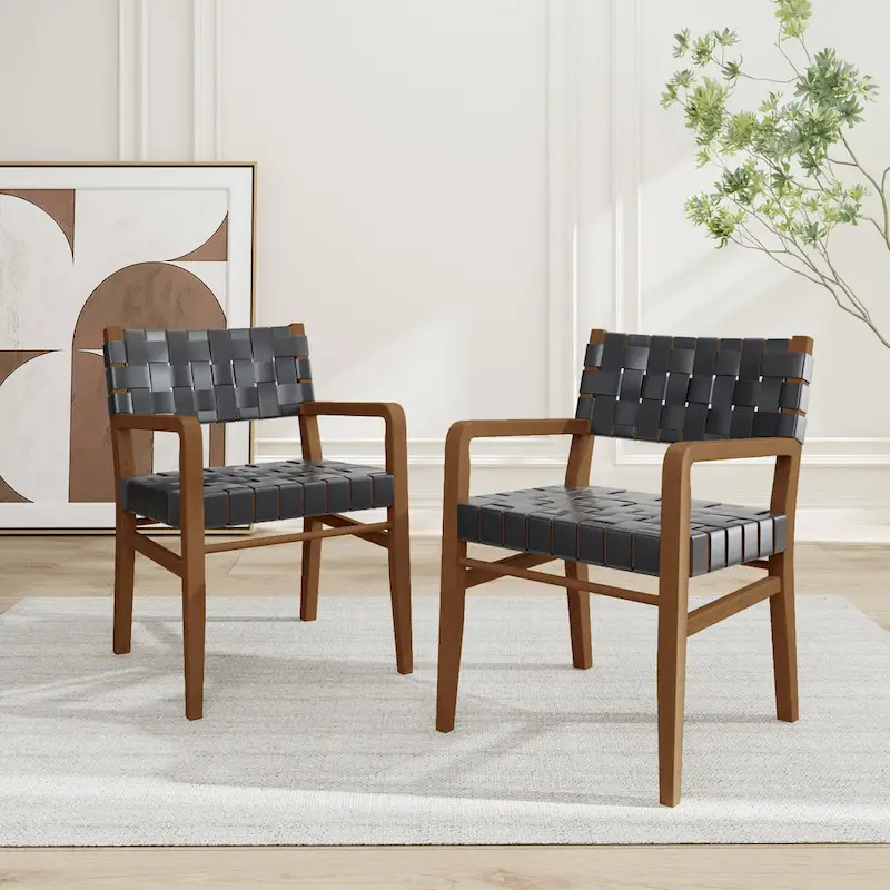 Woven Leather Rubberwood Dining Chairs With Arms (Set of 2)