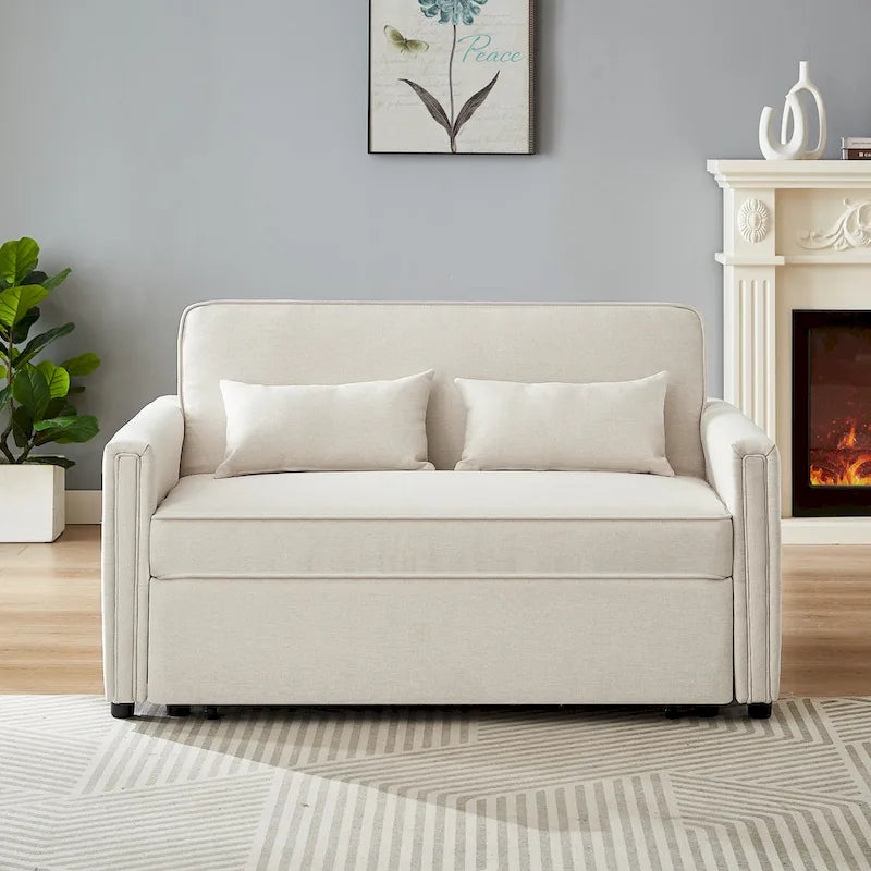 Modern Linen Convertible Loveseat Sleeper Sofa Couch with Adjustable Backrest, Pull-Out Bed and 2 Lumbar Pillows