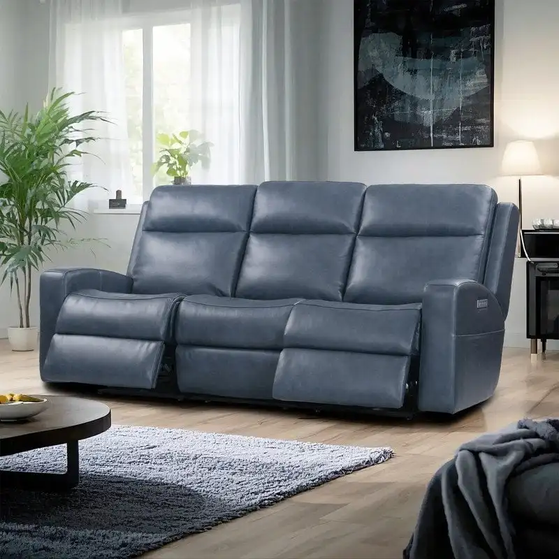 89 Wide Top Grain Leather Power Reclining Sofa Electric Recliner Sofa with Storage, USB Charge Port, Adjustable Headrest