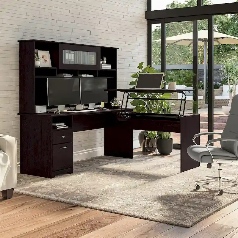 72W 3-position L-shaped Sit to Stand Desk with Hutch