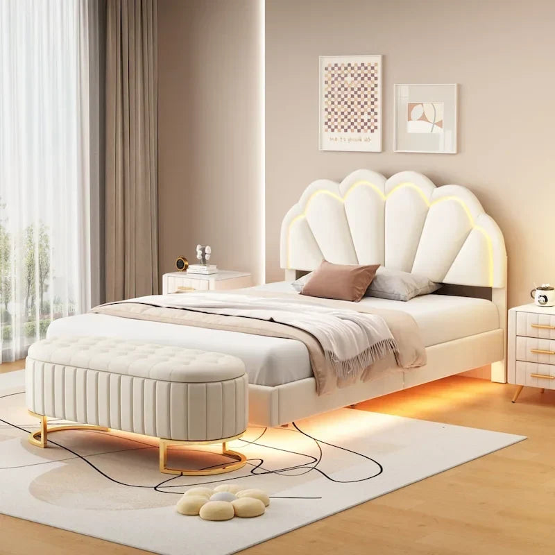 2-Pieces Bedroom Sets Full LED Platform Bed with Storage Ottoman