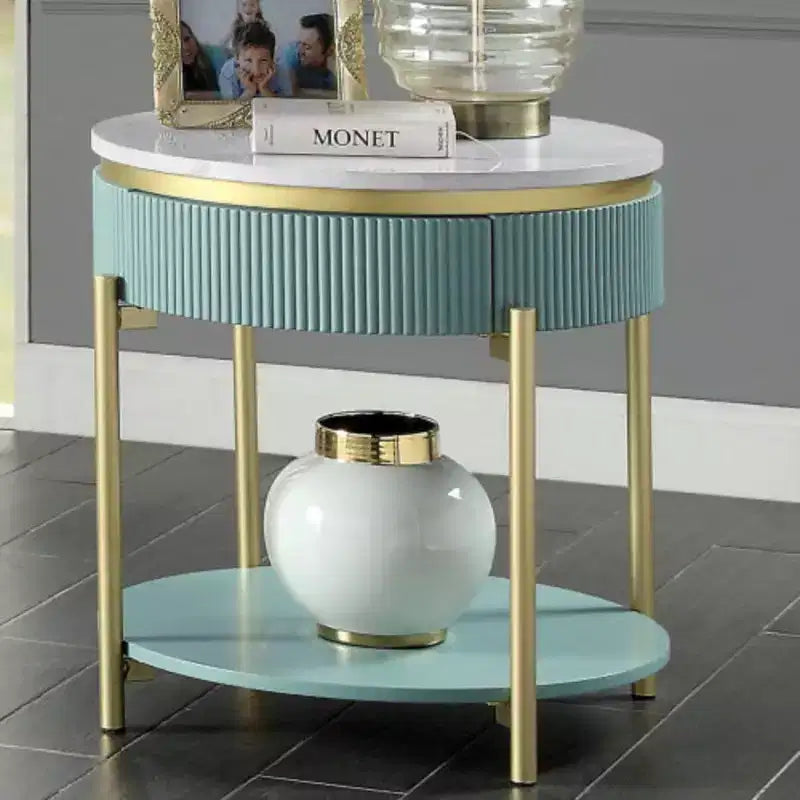 Round End Table with Faux Marble Top, Metal Frame, Storage Drawer and Open Bottom Shelf
