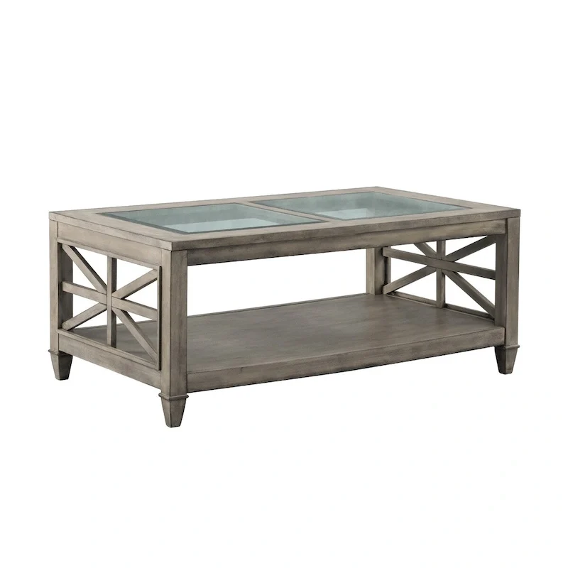 Antique Gray Rectangle Glass Top Coffee Table with Lower Shelf