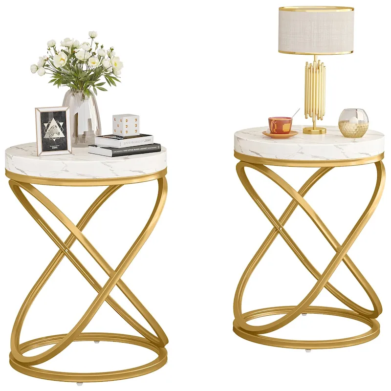 Round End Table Set of 2, White+Gold / Brown+Black, Metal Frame