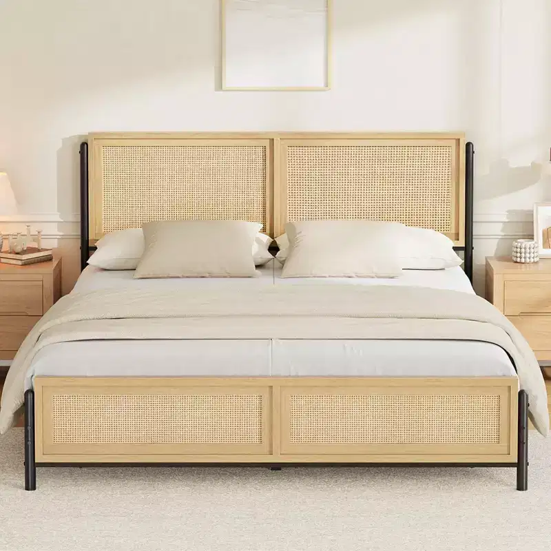 Rattan Bed Frame with Natural Rattan Headboard and Footboard, Boho Platform Bed with Metal Slats, Wooden Side Rails, Noise Free, No Box Spring Needed