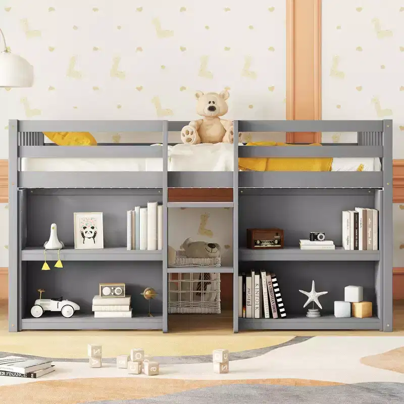 Bellemave Twin Low Loft bed With Two-Tier Shelves and LED Light,Pine Low Loft Bed Frame with Kid-Friendly Design,No Box Spring Needed