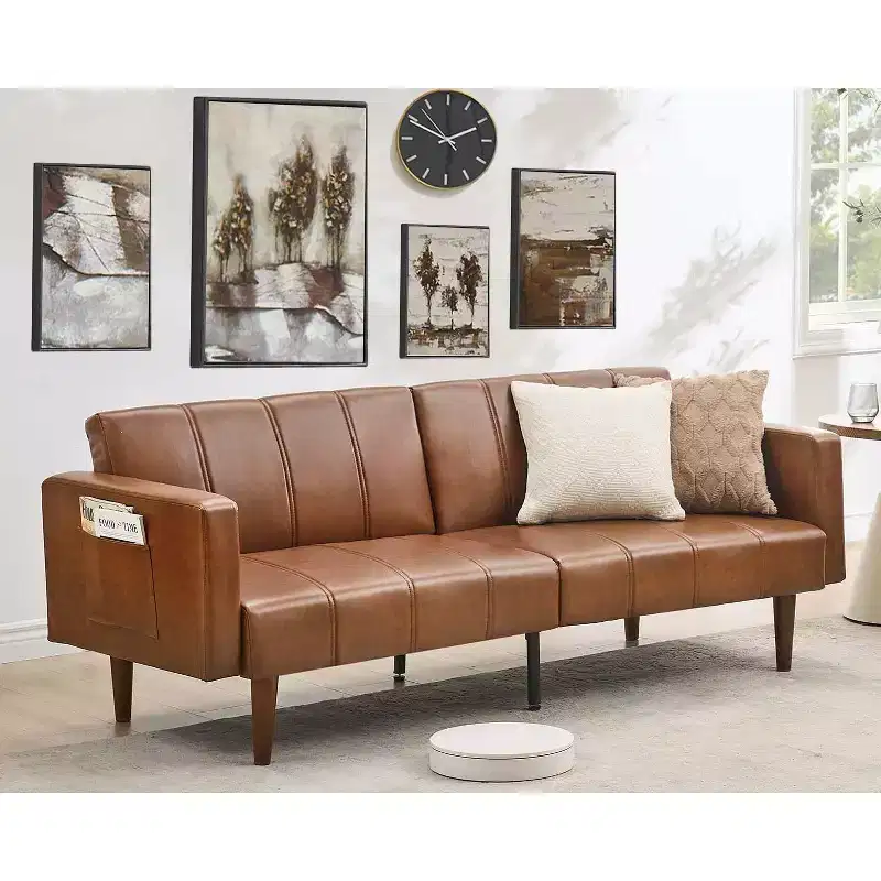 COZONY 75 Mid-Century Modern Futon Sofa Bed, Convertible PU Leather Sleeper with Adjustable Backrest, Loveseat with Side Pockets, Brown