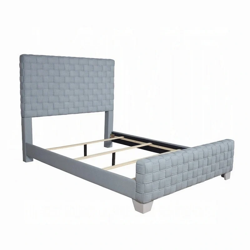 King Size Upholstered Bed Frame, Light Teal Blue Chenille, Gray Woven Panel