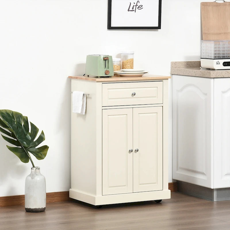 HOMCOM Rolling Kitchen Island Cart, Portable Serving Trolley Table with Drawer, Adjustable Shelf and 2 Towel Racks