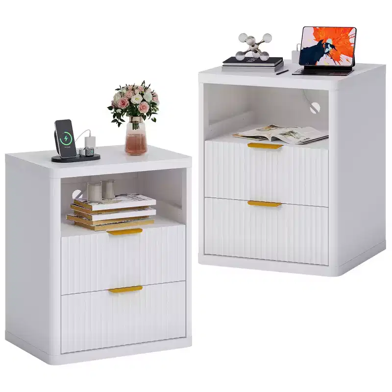 Fluted Nightstand Set of 2 with Charging Station, Bedside Table with 2 Drawers and Open Storage Space, Metal Handles