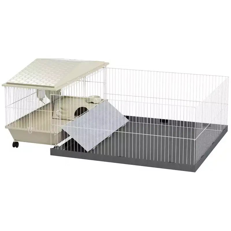 PawHut Small Animal Cage, Guinea Pig Cage with Removable Pet Playpen, Waterproof Pad, Hay Feeder, Water Bottle, Food Dish, Soft-Coverd Ramp, Wheels