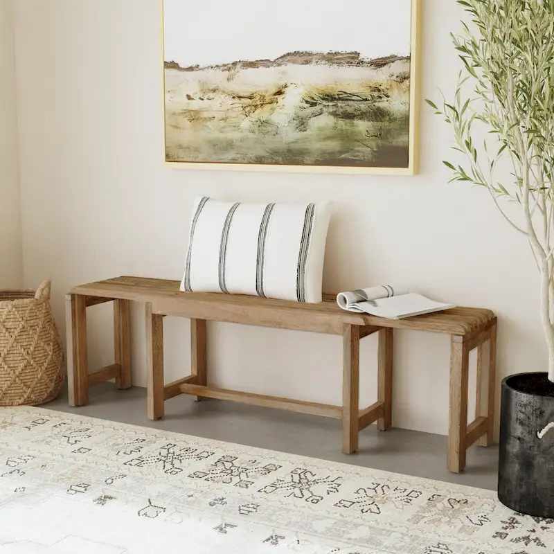 Natural Solid Mango Wood Extendable Bench – Slatted Top, Extends to 60"