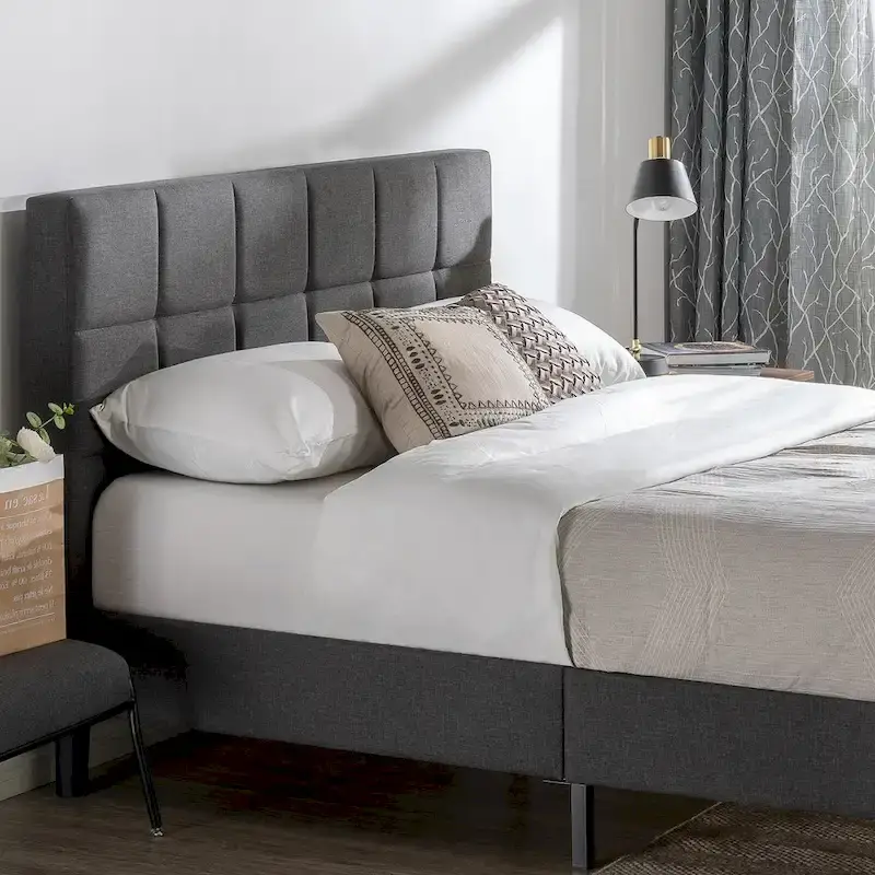 Grey Square Stitched King Platform Bed Frame