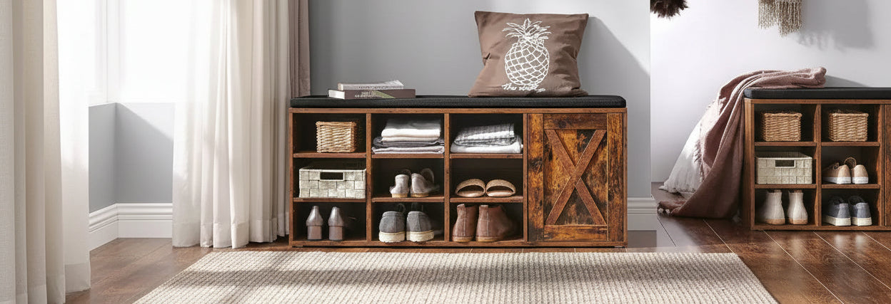 Storage Bench with Cupboard and 9 Open Compartments 11.8 x 43.3 x 18.9 Inches Rustic Brown