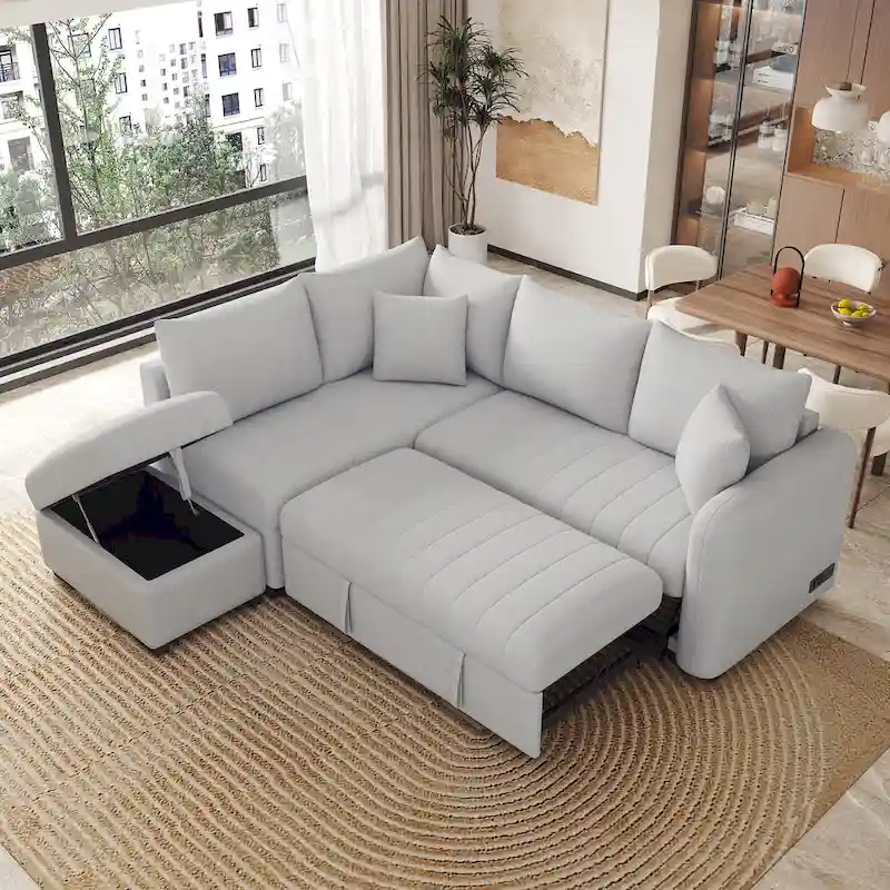Roomfitters L-Shaped Pull-Out Sleeper Sofa with USB Ports, Power Sockets, and Movable Storage Ottoman