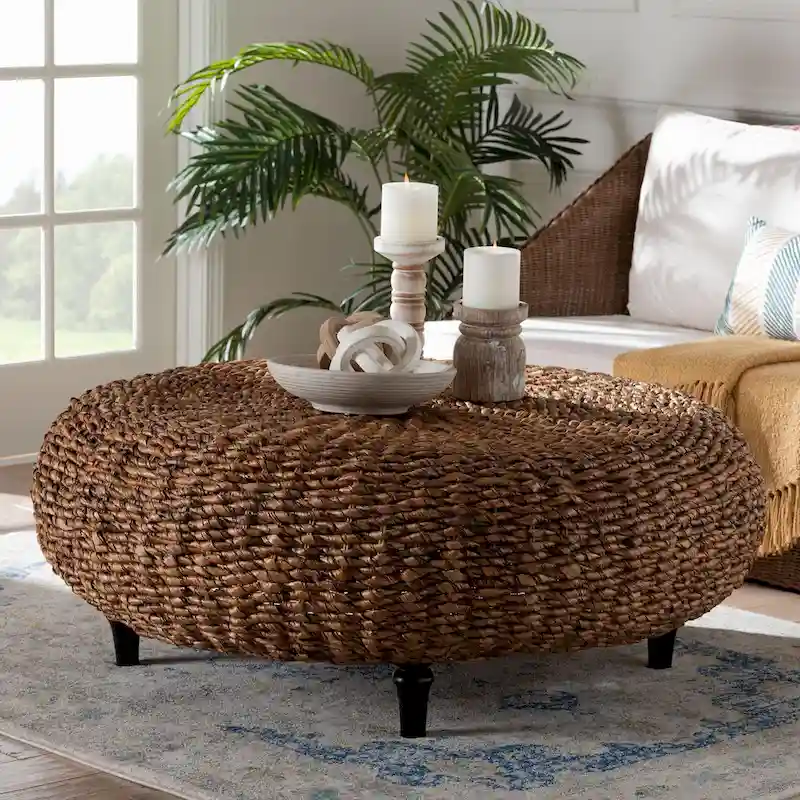 Handwoven Seagrass Coffee Table with Wooden Legs - Natural Wicker Round Living Room Table for Living Room or Bedroom Dcor