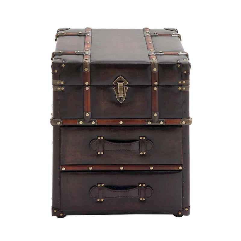 2-Drawer Accent Cabinet – Dark Brown / Blue, Faux Leather & Linen, Buckle Hinged Top, Traditional Style