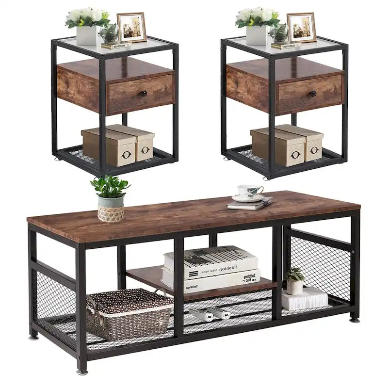 Taomika 3 Pieces Modern Coffee Table Set with Storage Shelves,Brown/Black Sets