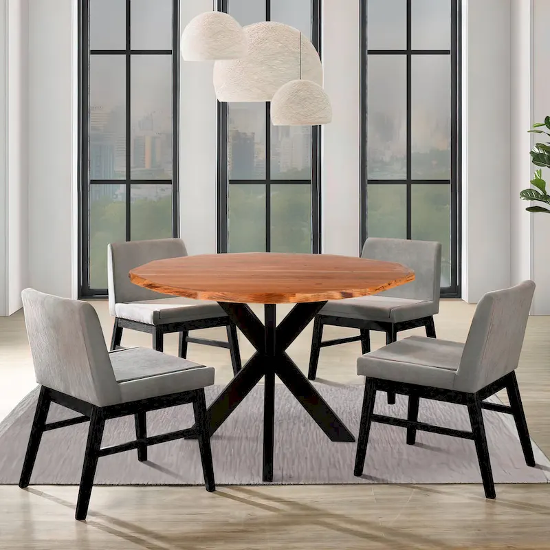 41 Inch Handcrafted Live Edge Round Dining Table with a Natural Brown Acacia Wood Top and Black Iron Legs