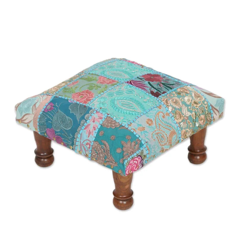 Handmade Embellished Ottoman, Rajasthani Patchwork (India)