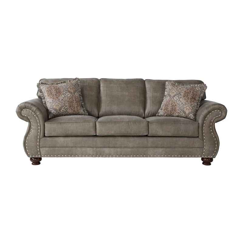 Roundhill Furniture Leinster Faux Leather Upholstered Nailhead Sofa, Loveseat, and Chair Set in Stone Gray