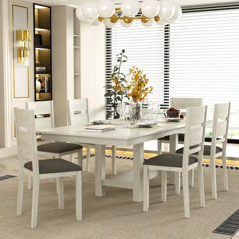 VECELO 7-Piece Dining Table Set, Thickened Solid Wood Rectangular Extendable Dining Table & 6 Solid Wood Dining Chairs