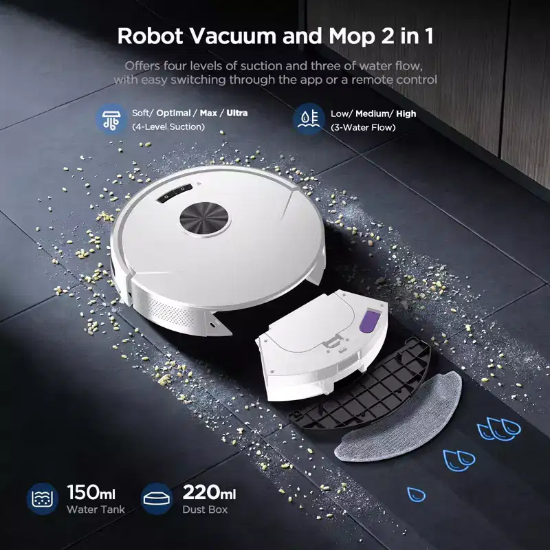 Teendow 2-in-1 Robot Vacuum and Mop Combo, 8000Pa Suction Robotic Vacuum with Smart App/Voice Control ,Self-Charging,Ideal for Hard Floor, Pet Hair