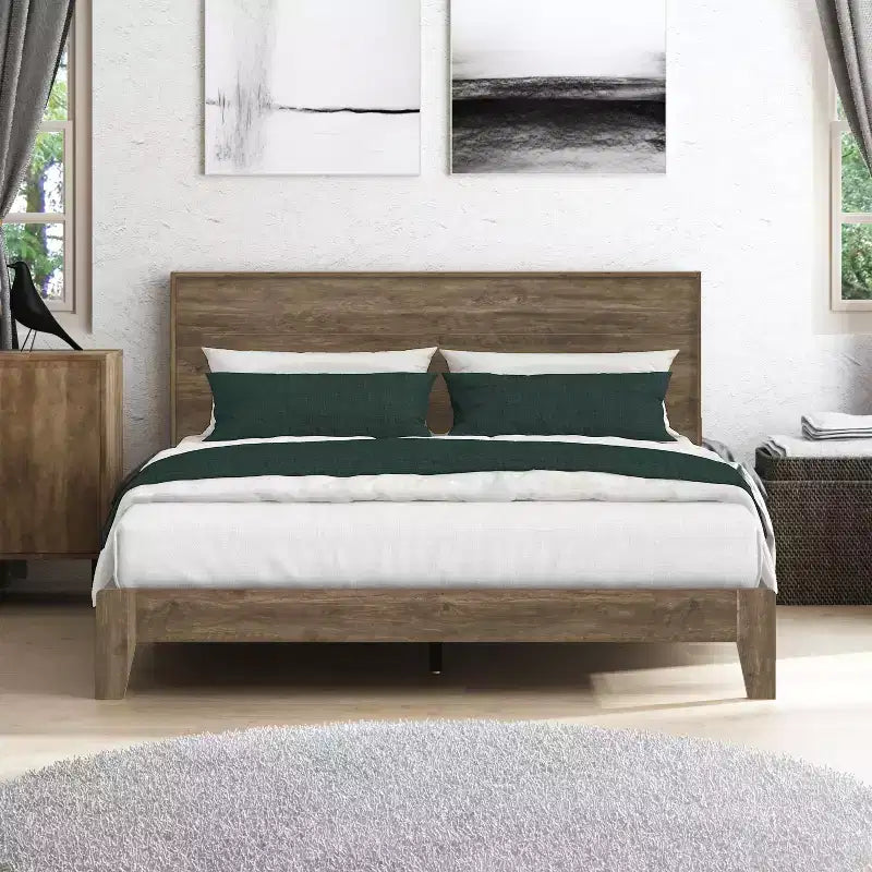 Queen Platform Bed with Headboard, Knotty Oak