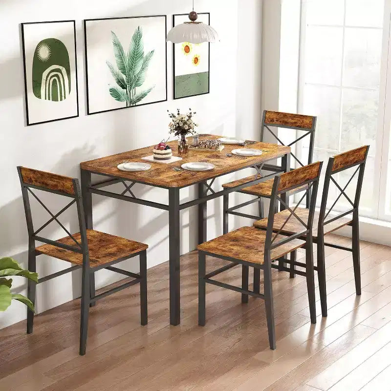 Zevemomo 5-Piece Dining Table Set, Dining Table Set for 4, , with 4 Curved Backrest Chairs, Compact Dining Set for Small Spaces & Kitchen-Brown