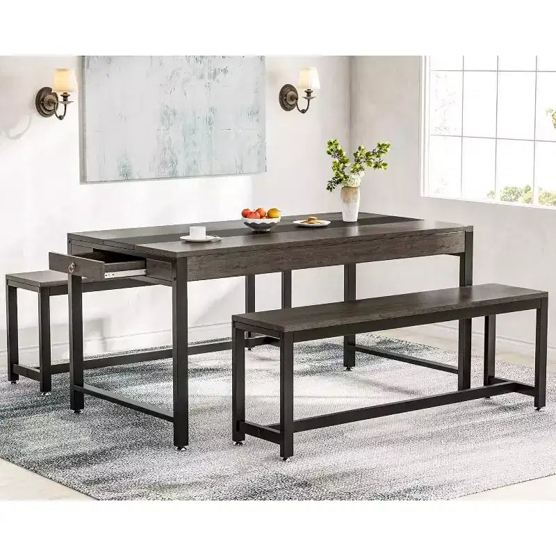 Tribesigns Dining Table Set, Kitchen Breakfast Table with 2 Benches & Sided Drawer for 4-6 People