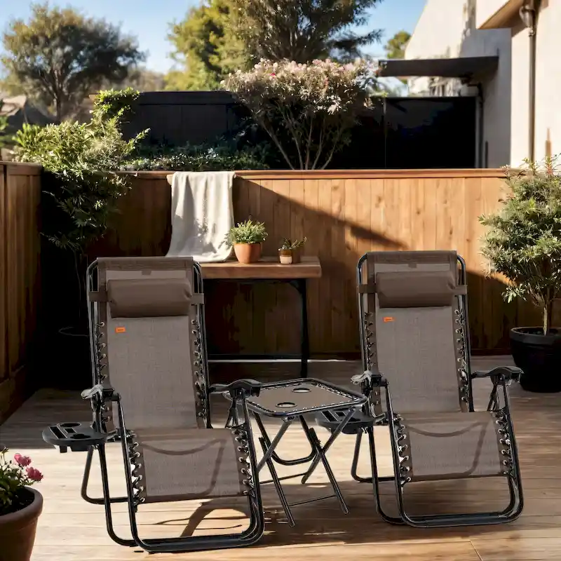 3 Pieces Chair Set with Table, Folding Reclining Chair and Cupholders