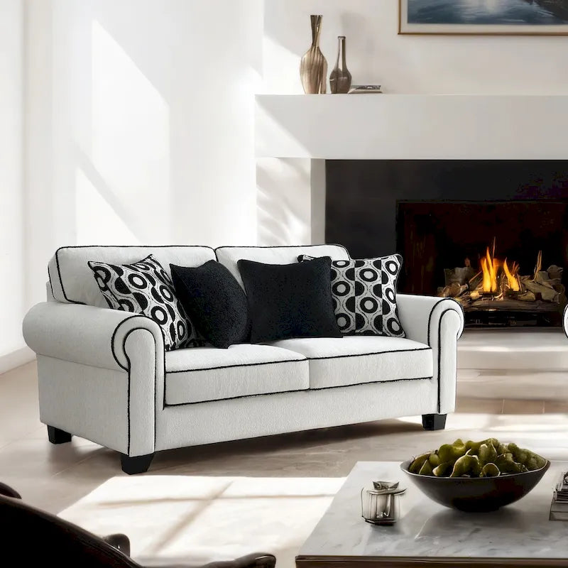 Furniture of America Anastasia Modern White Chenille Loveseat with Accent Pillows
