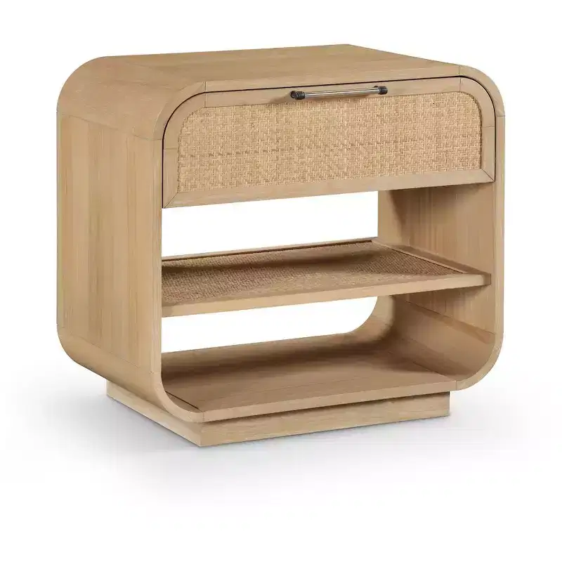 Windsor Natural Rubberwood Nightstand �C Mid-Century Modern Cane Bedside Table