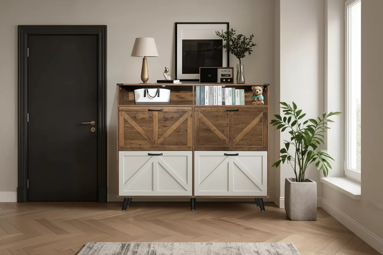 4-Door Flip-Up Shoe Cabinet with Drawers & Adjustable Shelves �C Holds 32 Pairs
