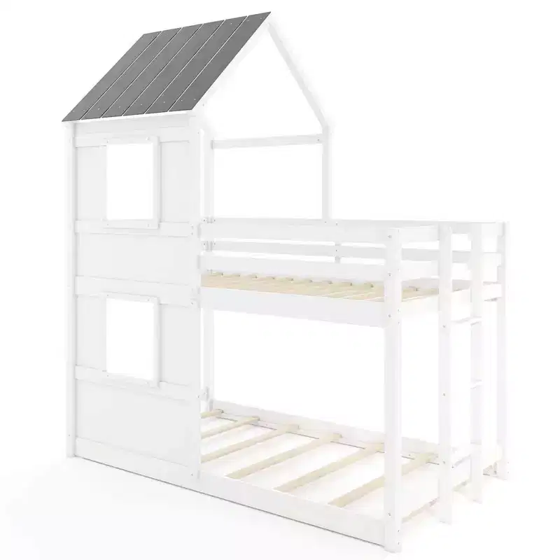 Costway House Bunk Bed Twin Over Twin with Built in Ladder Window& Safety Guardrail