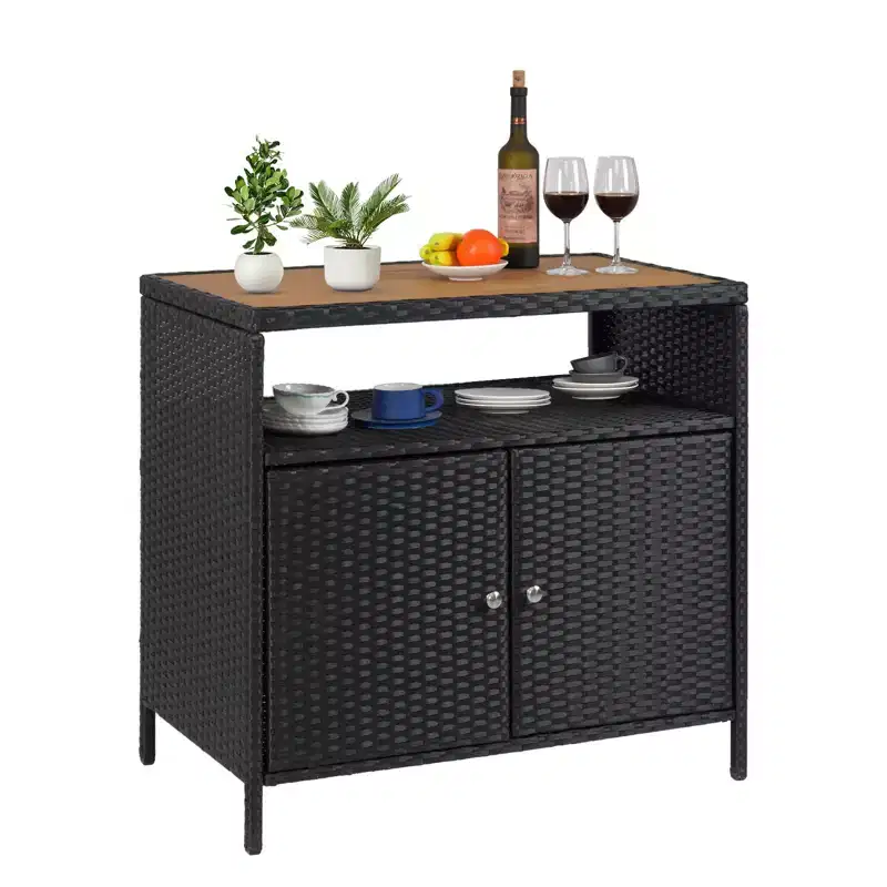 Outdoor Storage Cabinet with Doors - Weatherproof Rattan Patio Storage Box & Bar Table