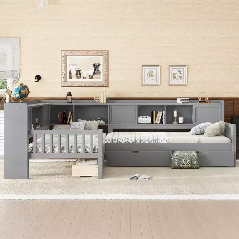 L-shaped Platform Bed Twin Size with Trundle Solid Wood Platform Bed with Storage Drawers and Shelves No Spring Box Needed Grey