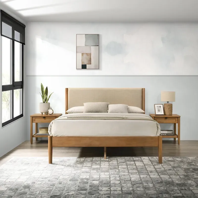 Roundhill Furniture Vichy 3-Piece Bedroom Set, Platform Bed with Two Nightstands, Queen