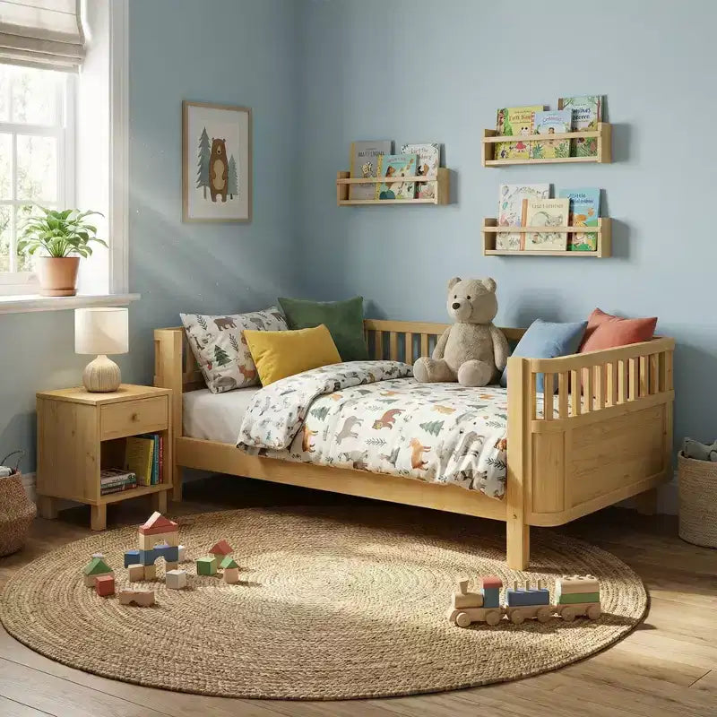 Full Size Wood Platform Bed for Kids with Safety Rails