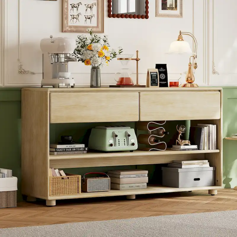 Natural Wood Wash 2-Drawer Console Table with Shelves
