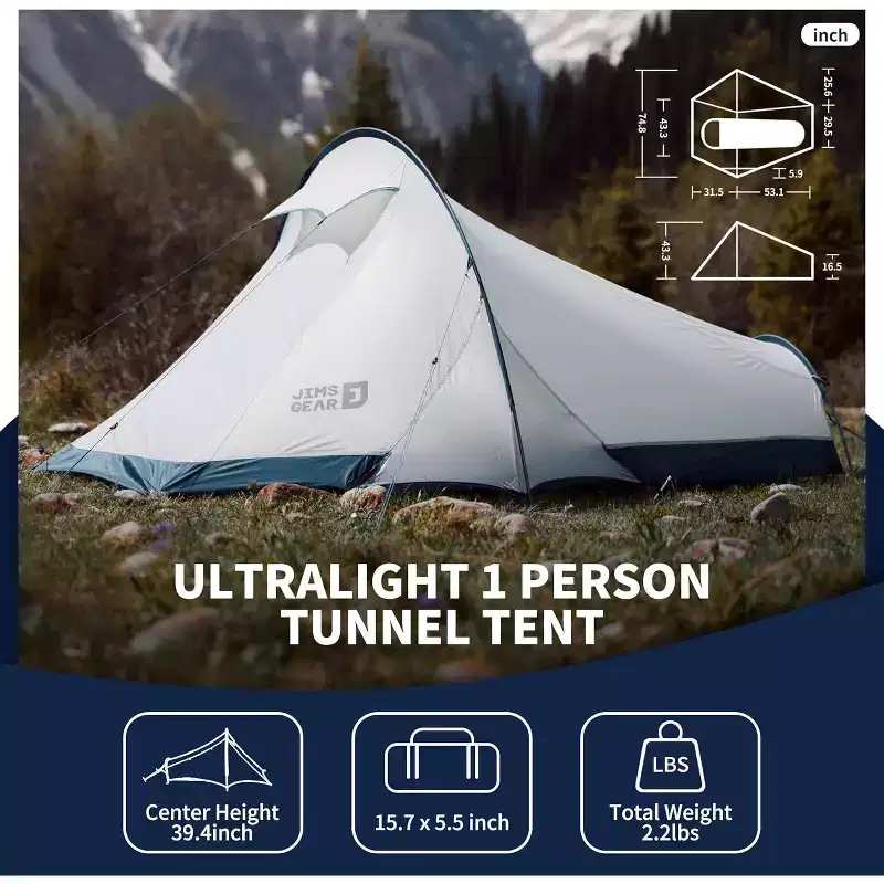 Naturehike Jims Gear Ultralight Backpacking Tent, 1-2 Person Tunnel Tent with Vestibule, Waterproof and Windproof for High-Altitude Camping