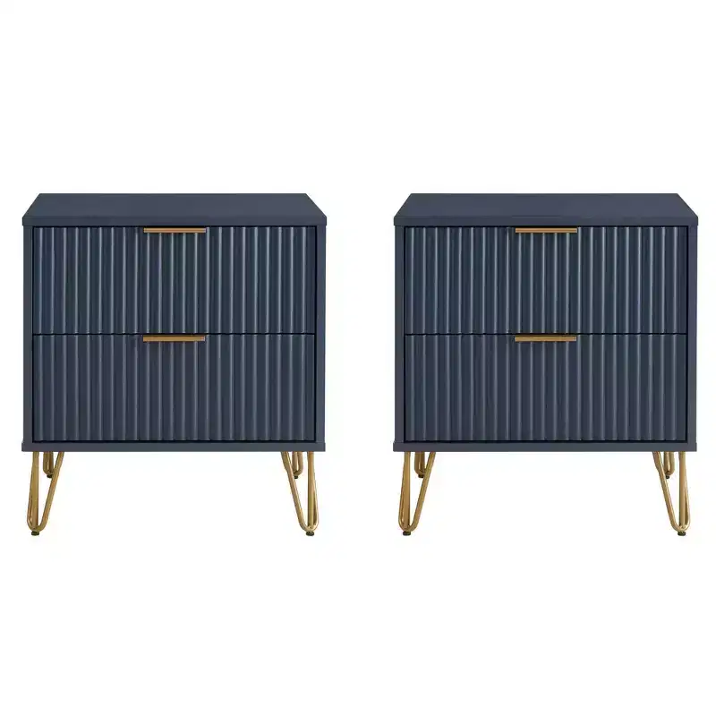 Manhattan Comfort Set of 2 Dumbo 2 Drawer Nightstands Midnight Blue: Modern Style, MDF, Metal Glides