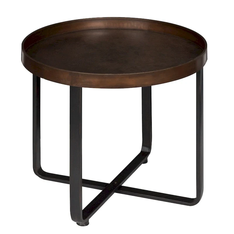 Round Metal End Table with Tray-Style Top and Brushed Finish