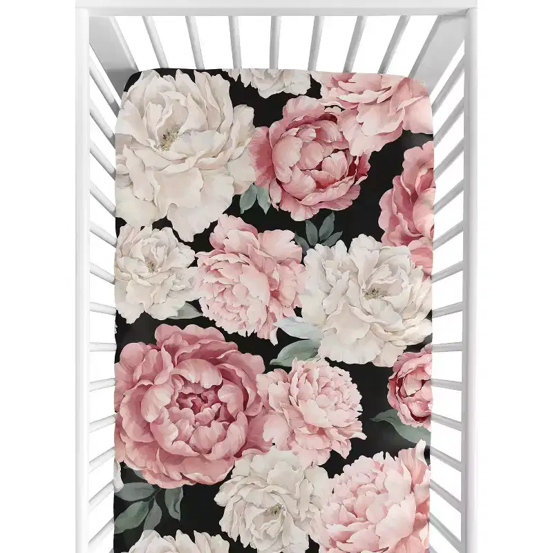 Sweet Jojo Designs Girl Baby Fitted Crib Sheet Peony Floral Garden Black and Pink