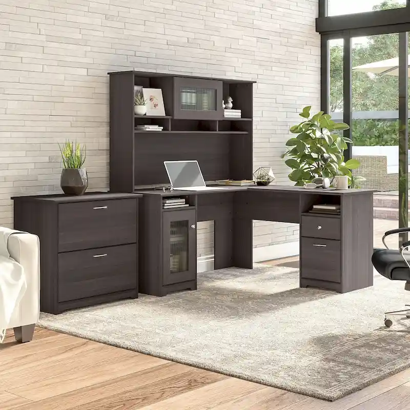 60 Inch L-Shaped Desk with Hutch and File Cabinet