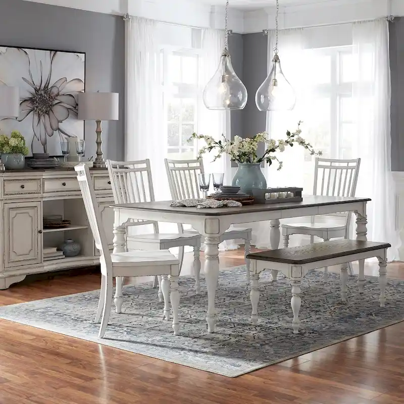 Magnolia Manor Antique White Weathered Bark Opt 6 Piece Leg Table Set