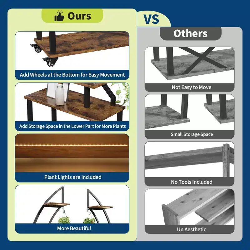 Indoor plant stand with plant growth light, 9-tier metal plant stand with wheels, curved plant display stand, suitable for living room and terrace.
