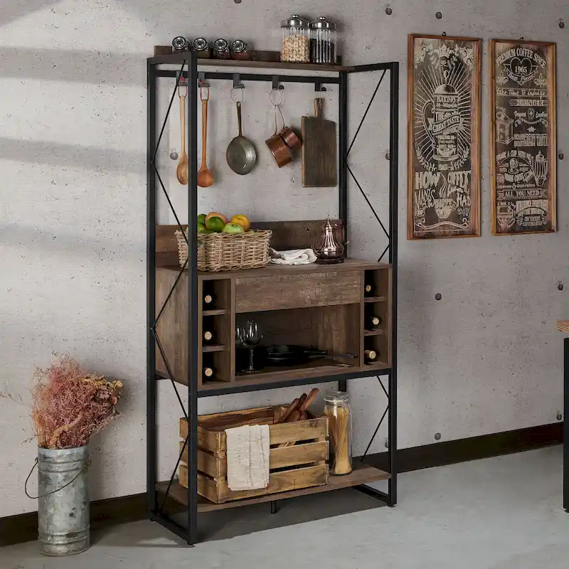 DH BASIC Industrial Reclaimed Oak 67-inch Metal 6-Wine Slots Baker's Rack by Denhour
