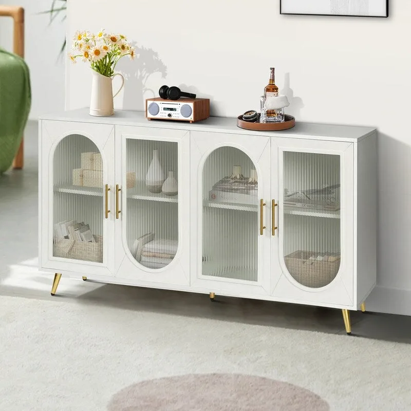 Grondin Mid-Century Modern Style 59.8  Wide Sideboard Buffet with Fluted Tempered Glass Doors and Adjustable Shelves