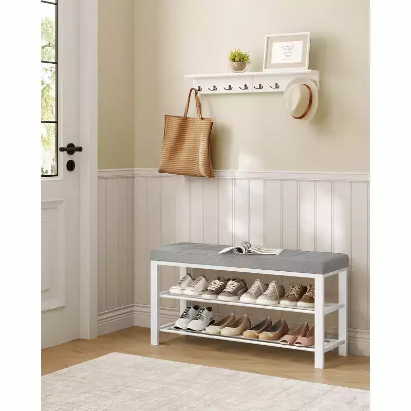 Entryway Shoe Bench with Cushion & 2-Tier Shelf, Stores 10 Pairs, 300 lb Capacity